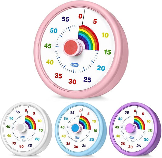 4 Pcs 60 Minute Visual Timer Colored Countdown Clock Time Management Tools with Silent Operation for Home School Supplies Study Office (Rainbow,Purple,Blue,Pink,White)