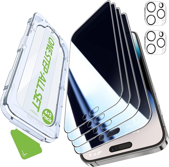 iGluz 4+2 Pack for iPhone 14 Pro Privacy Screen Protector with Camera Lens Protector 6.1 inch,9H+Tempered Glass[12FT Military Grade Shatterproof &100% Anti-Spy],3D Micro-Curved Edges[Longest Durable]