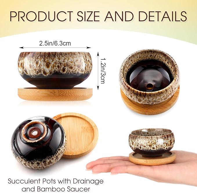 24 Pcs Ceramic Succulent Pots 2.5 Inch Small Plant Pots Indoor with Drainage and Bamboo Saucers Colorful Succulent Flower Planters for Garden Plants Home Decor(Round,1.2 Inch H)