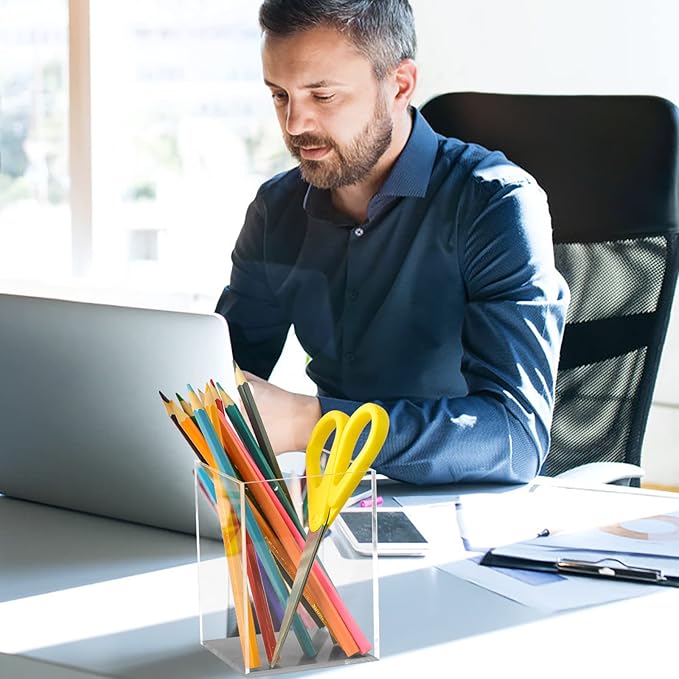 4-Piece Clear Acrylic Pen Holder & Pencil Cup - Makeup Brush Holder - Desktop Stationery Organizer for Office, School, Home - 4 Pack, Square
