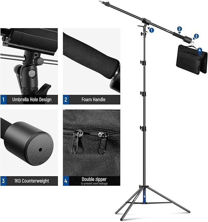 NEEWER Air Cushioned Aluminum Light Stand, 9.8ft/3m Adjustable Photography Stand with Boom Arm, Counterweight, Sandbag, 1/4" Screw for Softbox, Studio Flash, Umbrella, Ring Light, Max Load 5kg