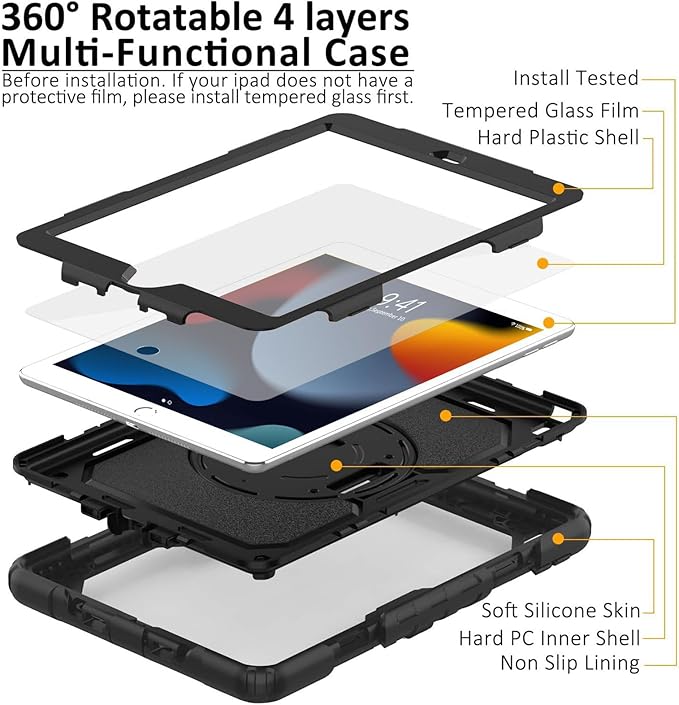 iPad 9th/8th/7th Generation Case, iPad 10.2 Case 2021/2020/2019, [Kid Proof] ambison Full Body Protective Case with 9H Tempered Glass Screen Protector, 360° Rotatable Kickstand & Hand Strap (Black)