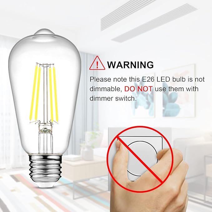 Ascher Vintage LED Edison Bulbs, 6W, Equivalent 60W, Non-Dimmable, Daylight 5000K, 700Lumens, ST58 Antique LED Filament Bulbs with 80+ CRI, E26 Medium Base, Clear Glass, Pack of 12