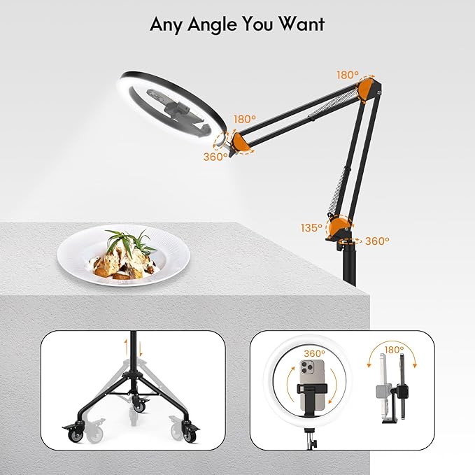 LUXSURE Ring Light Tripod for iPhone,Ring Light with Stand and Phone Holder,LED Overhead Camera Mount with Casters,Phone Tripod with Light and Remote for Video Recording/Live Stream/Cooking