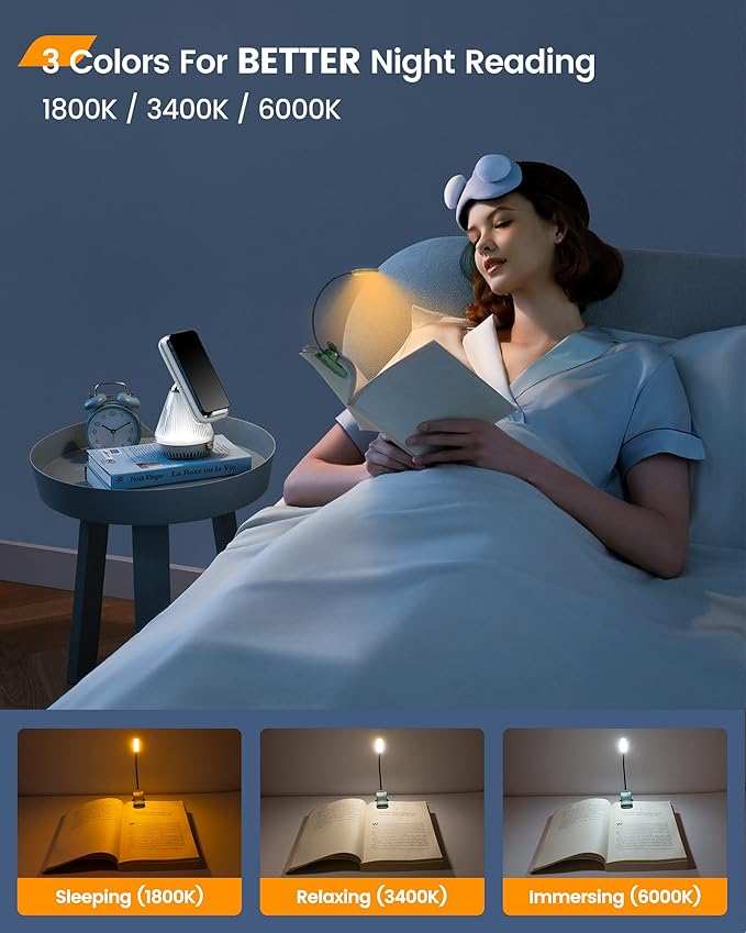 Glocusent Willow Book Light for Reading in Bed, 10LED Bright Reading Light, 3 Colors & 3 Brightness, Rechargeable Book Light Lasts for 80hr, Lightweight Clip on Book Light, Perfect for Book Lovers