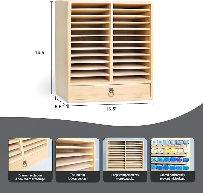 Marker Organizer for 216 Markers, Wooden Marker Storage Organizer with 12 Layers × 2 Compartments, Bamboo Marker Holder with Drawer for Art Supplies and Pens