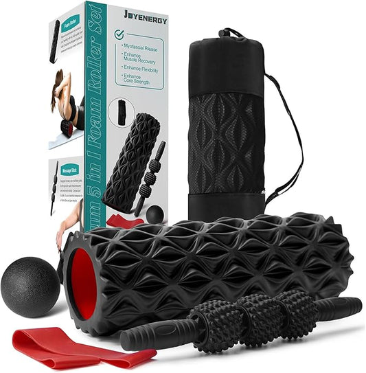 5 in 1 Foam Roller Set Trigger Point Foam Roller, Massage Roller Stick, Massage Ball, Stretching Strap for Deep Muscle Massage Pilates Yoga, Fitness Exercise for Whole Body (Black Diamond)