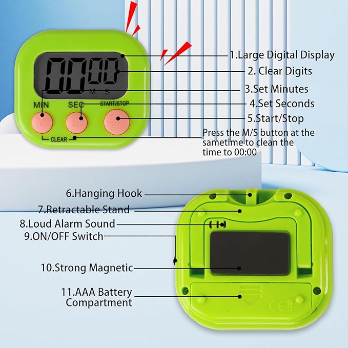 Kitchen Timers Multifunctional Electronic Timer Large Display Screen High Volume Alarm Clock Suitable for Classrooms, Kitchens, Work, and Exercise (Green)