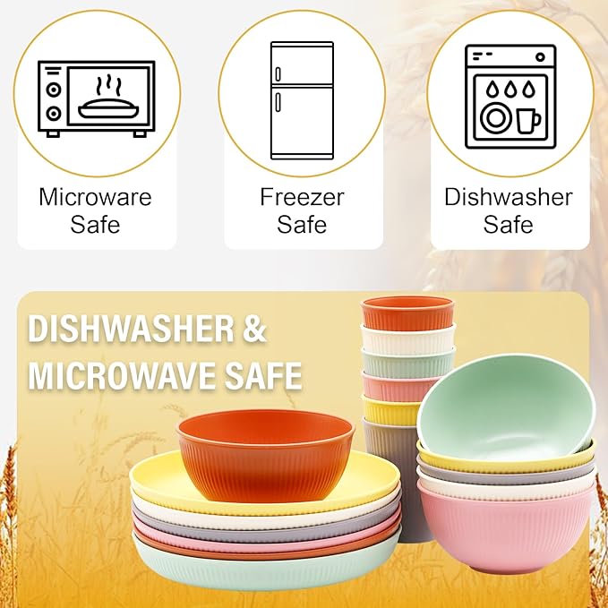 36pcs Wheat Straw Dinnerware Sets, Unbreakable Reusable Kitchen Cups Plates and Bowls Sets, Dishwasher and Microwave Safe Kitchenware Dishes Set for Home, Office, Travel,Picnic (Colorful 2)