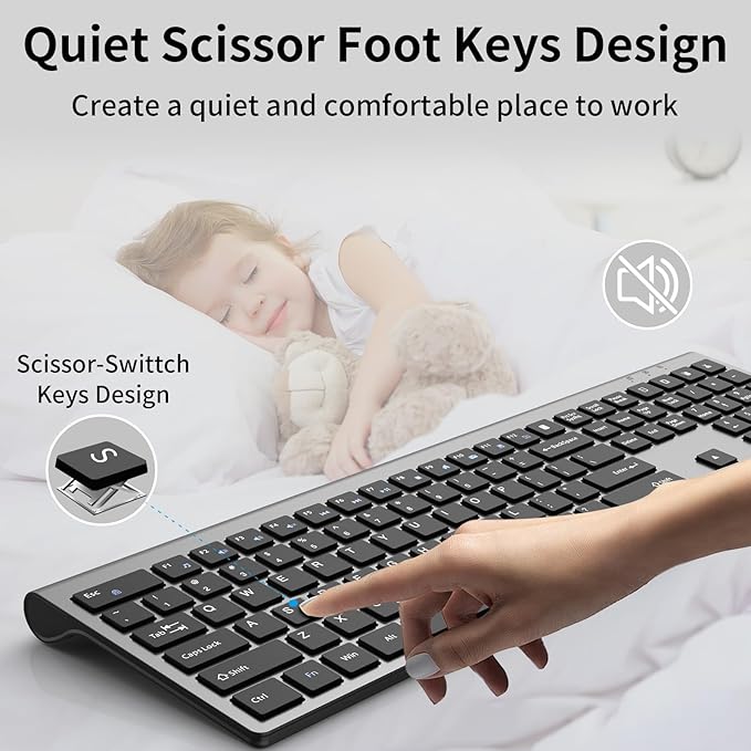 2.4G Wireless Slim Silent Full-Size Keyboard with Numeric Keypad, Calculator Button, USB Receiver, Fn Lock, Ultra-Thin Scissor Switch Design, Computer Keyboard for Laptop PC Windows Mac（Without mouse）
