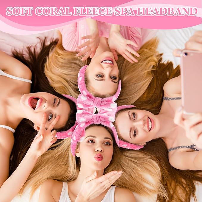 50 Pcs Pink Spa Headband Bulk Spa Sleepover Party Supplies for Washing Face with Removable Bow Makeup Elastic Bowknot Headbands for Women Gifts Soft Skincare Microfiber Hairbands(Dots Style)