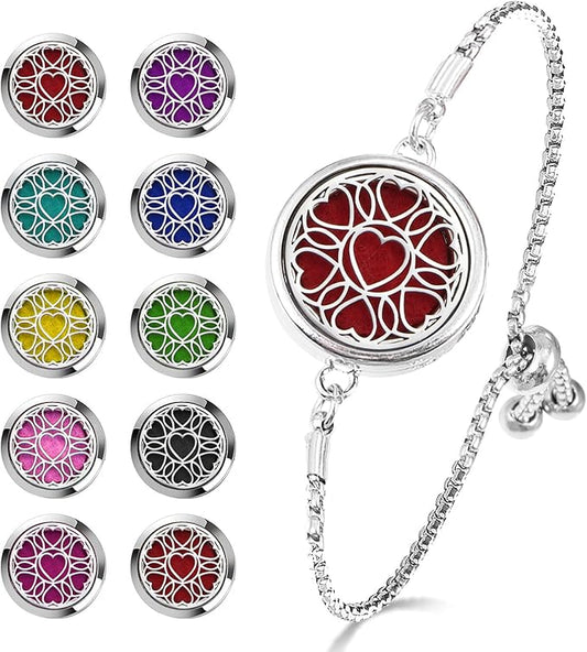 Essential Oil Diffuser Bracelet Aromatherapy Locket - Adjustable Stainless Steel Heart with 10 Pcs Refill Pads for Women Girls