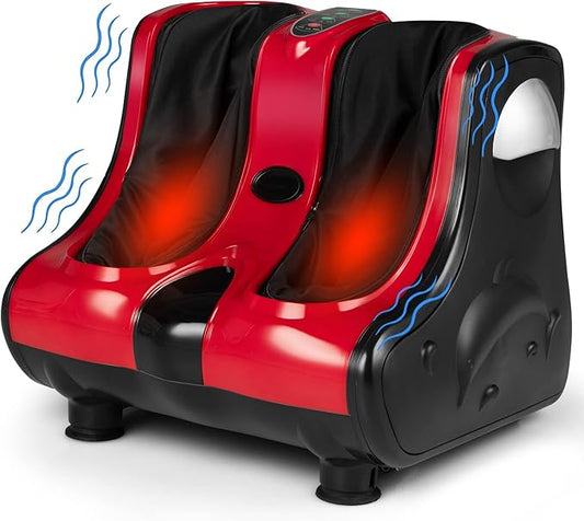 COSTWAY Foot and Calf Massager, Shiatsu Heated Electric Foot Massager with Heating, Vibration, Deep Kneading, Tilt Base, Washable Sleeves, Leg Massager for Relaxation, Foot Pain Relief (Black and Red)