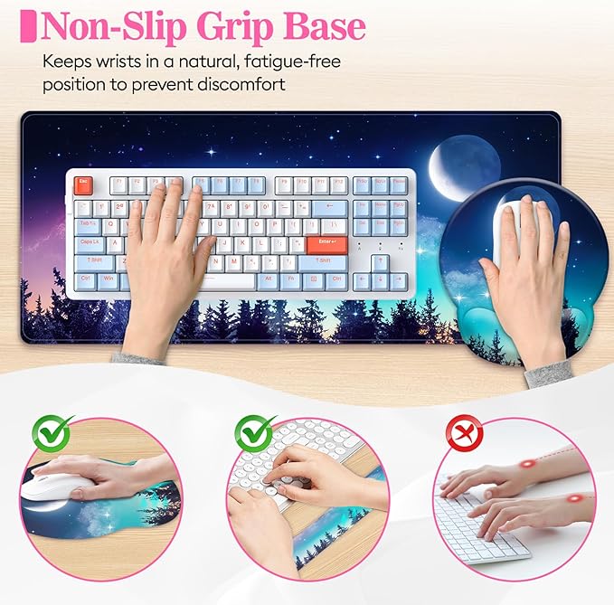 Long Mouse Pad XXL,Ergonomic Desk Mat Gaming Set,Keyboard Wrist Support Rest Mouse Pad Suitable for Office and Home (XXL Forest Setting)