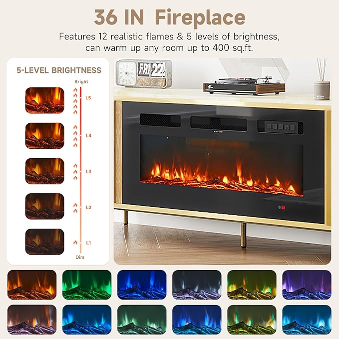 Luxury 70" Fluted Fireplace TV Stand, Oak Modern Chic Entertainment Center for TVs Up to 80", Media Cabinet with Storage, TV Console for Living Room, Natural