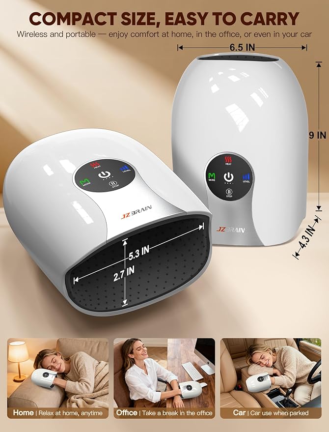 Hand Massager with Heat and Compression : Cordless Heated Full Hand Massager for Palm, Fingers, and Comfort Relief – 4 Modes 6 Intensities, Portable Rechargeable