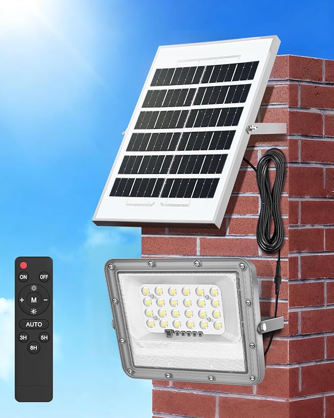 Outdoor Solar LED Flood Lights: Waterproof Security Patio Lights with Remote Control, 6500K Bright Illumination Dawn to Dusk Lighting for Fence, Yard, Backyard, Wall, House (5000MAH)