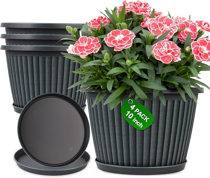Planter-Pots-for-Plants-Indoor-Outdoor, 3 Pack 10 Inch Plastic Flower Pots with Saucer & Drainage Holes, Modern Garden Planters for Planting Medium Large Plants，Decorative Resin Garden Pots
