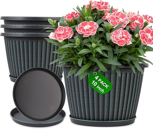 Planter-Pots-for-Plants-Indoor-Outdoor, 3 Pack 10 Inch Plastic Flower Pots with Saucer & Drainage Holes, Modern Garden Planters for Planting Medium Large Plants，Decorative Resin Garden Pots