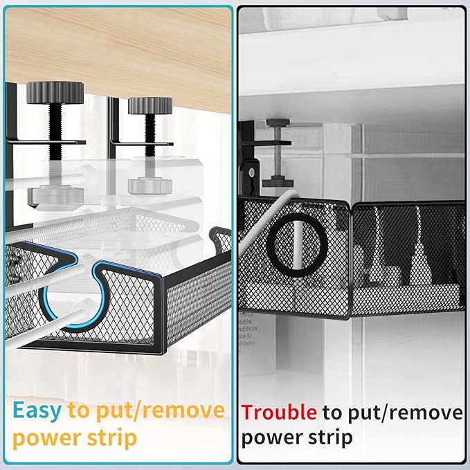Under Desk Cable Management Tray Black, No Drill Desk Cable Wire Management Organizer with Clamp, PC Cord Organizer Accessories & Workspace for Office, Home