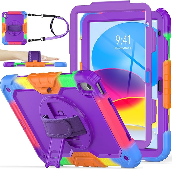SEYMAC stock Case for iPad (A16) 11th/10th Generation 11''/10.9'' 2025/2022, Full-Body Drop Protection Case with Screen Protector &360° Rotate Hand Strap/Stand, Purple+Colorful