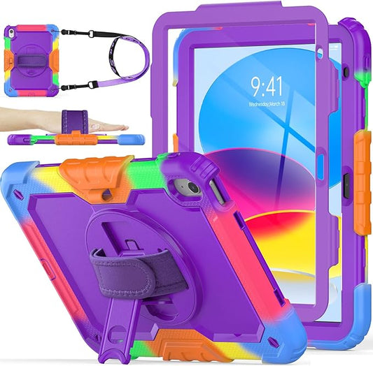 SEYMAC stock Case for iPad (A16) 11th/10th Generation 11''/10.9'' 2025/2022, Full-Body Drop Protection Case with Screen Protector &360° Rotate Hand Strap/Stand, Purple+Colorful
