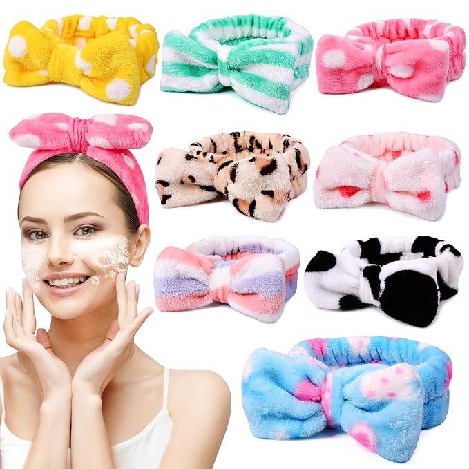 UMIKU 8 Pack Spa Headband for Women Facial Makeup Headband Soft Coral Fleece Christmas Stocking Stuffers Bow Hair Band Head Wraps for Washing Face Mask Spa Gifts For Women Gifts Basket