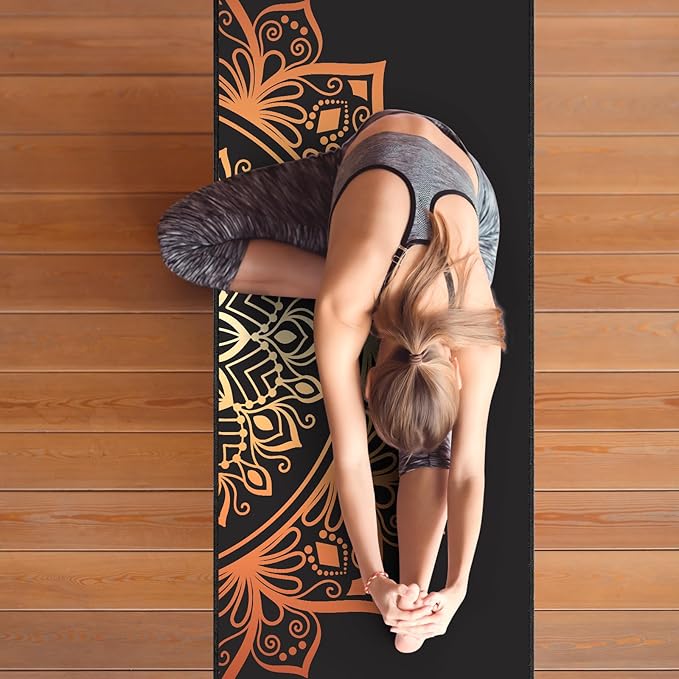 QiyI Yoga Mat Towel with Corner Pockets, Non Slip Sweat Absorbent Hot Yoga Towels, Soft Yoga Blankets with Travel Bag, Skidless Mat Cover for Workout, Gym, Fitness - 70"x26", Luxury Golden Mandala