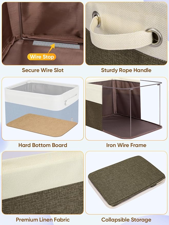 BALEINE 3 Pack Fabric Storage Bins for Shelves, Linen Storage Baskets for Organizing, Decorative Closet Bins for Clothes, Home (Brown, 17''x13''x10.5'')