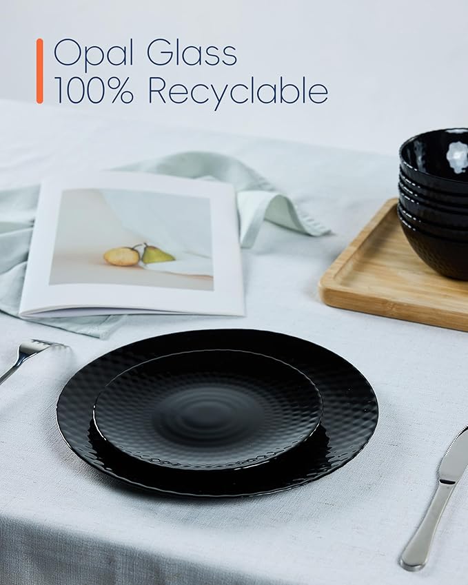 10.5 inch Dinner Plate Set of 6, Light and Durable Opal Glass Black Geometric Faceted Dinnerware Plates, Dishwasher and Microwave Safe