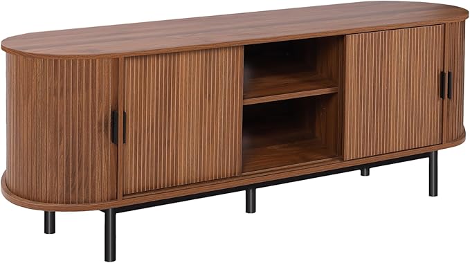 63" Fluted TV Stand for 65/70 Inch, Mid Century Modern Console With Sliding Doors, Curved Gaming Entertainment Center, Media Console for Living Room, Bedroom (Walnut, 63inch-4doors)