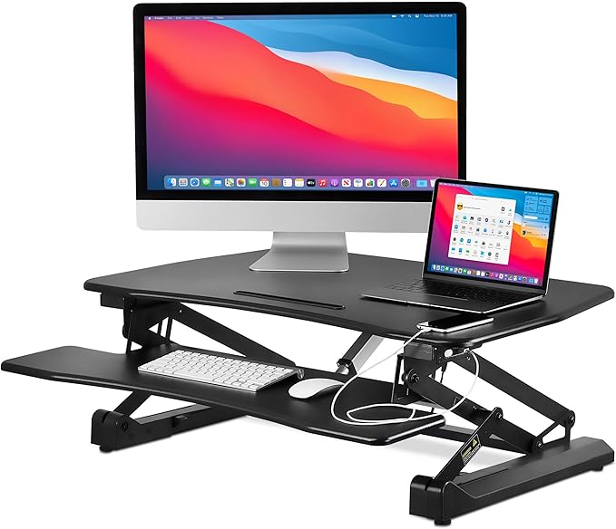 Mount-It! Electric Standing Desk Converter 35.4" Quick Sit Stand Desk Riser, Computer Workstation Motorized Easy Convertor with Built-in USB Charging Port, Ergonomic Height Adjustable in Black