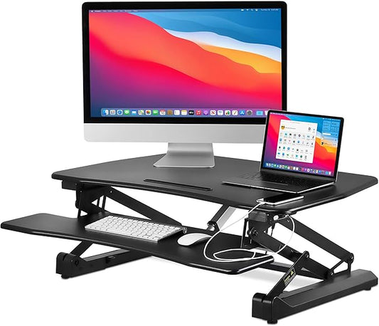 Mount-It! Electric Standing Desk Converter 35.4" Quick Sit Stand Desk Riser, Computer Workstation Motorized Easy Convertor with Built-in USB Charging Port, Ergonomic Height Adjustable in Black