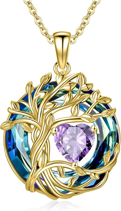 TOUPOP Tree of Life Birthstone Necklace 925 Sterling Silver Pendant Austrian Crystal Jewelry Anniversary Birthday Christmas Gifts for Women Mom Her Wife