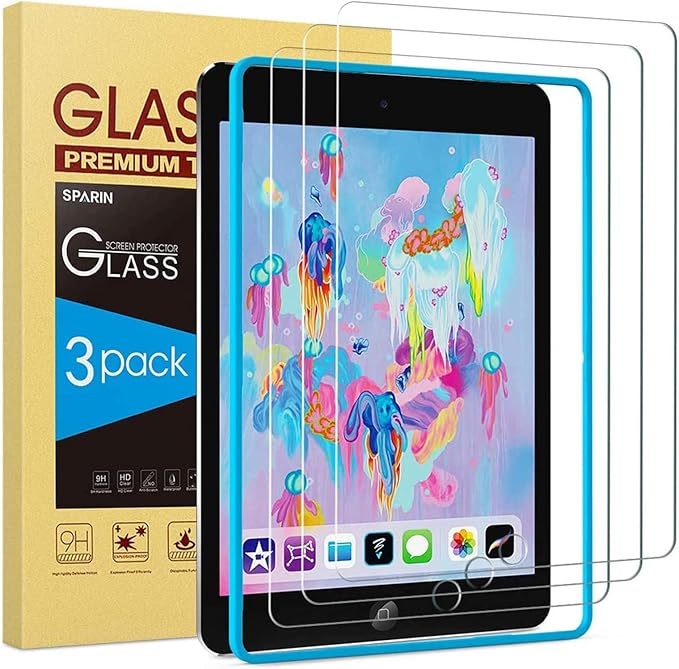 SPARIN 3 Pack Glass Screen Protector Compatible with iPad 6th 5th Generation 9.7 inch/iPad Air 2, Tempered Glass, Alignment Frame