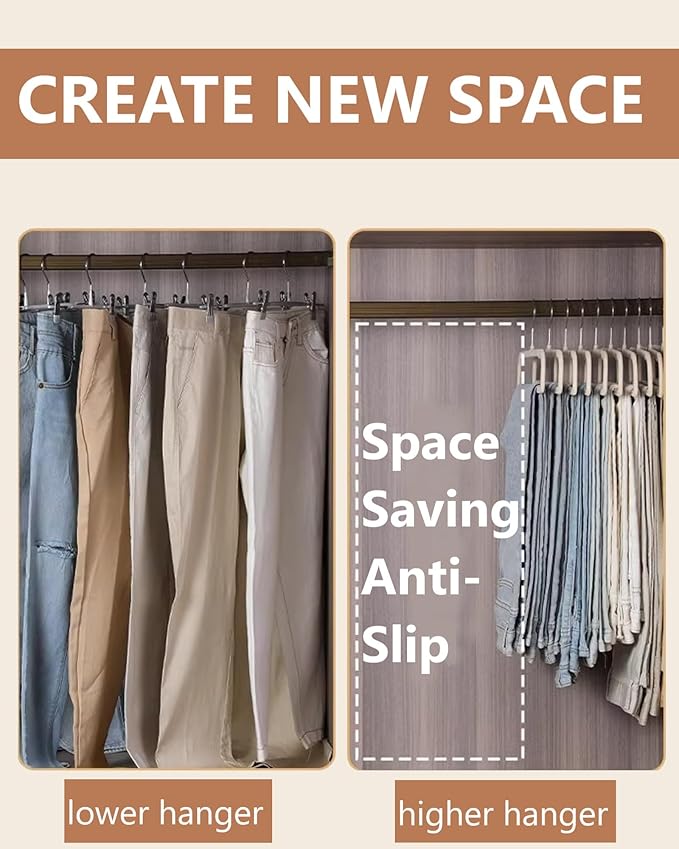 HGYZE Velvet Pant Hanger Space Saving, 20 Pack Non-Slip Shorts Hanger, Jeans Slack Trousers Hanger with 10pcs Clothe Hanger Connector Hooks Closet Organizer, Slim Felt Hangers for College Dorm (Beige)