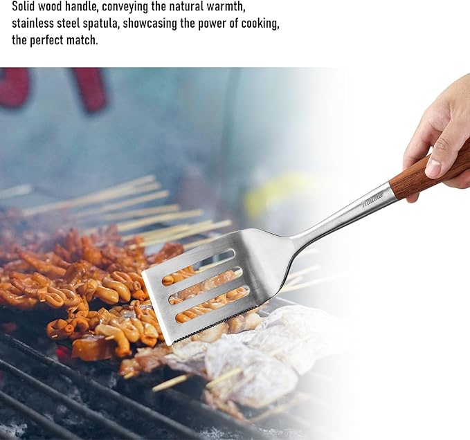 Professional Grade Stainless Steel Cooking Spatula - 17 Inches, Sturdy and Durable, Premium Solid Wood Handle, with Bottle Opener, Suitable for Barbecue, Outdoor Kitchens, and Grilling Food