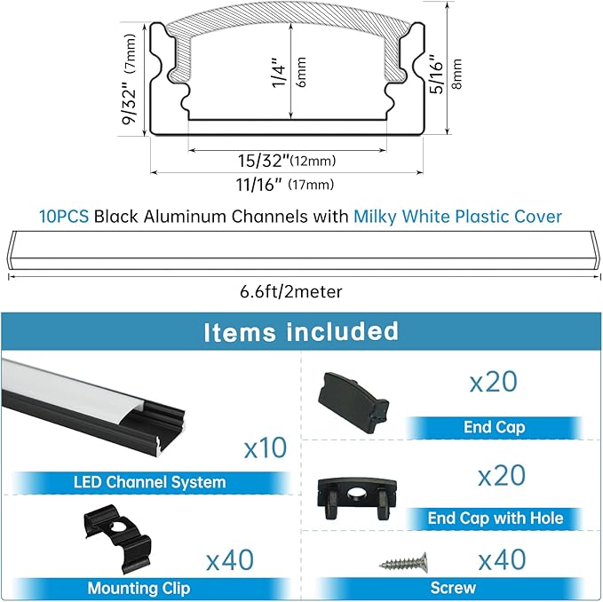 Muzata 10Pack 6.6FT/2M LED Channel Black Aluminum U Shape LED Diffuser Channel with Milky White Cover Easy Installation U1SW BW 2M