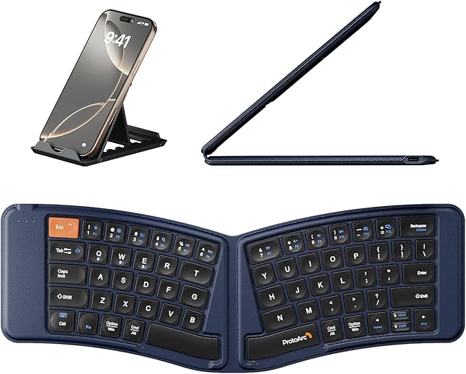 ProtoArc Ergonomic Foldable Keyboard, XK03 Split Folding Travel Bluetooth Keyboard, Ultra Slim, Portable for iPad, iPhone, Tablet, Laptop, PC - Dark Blue