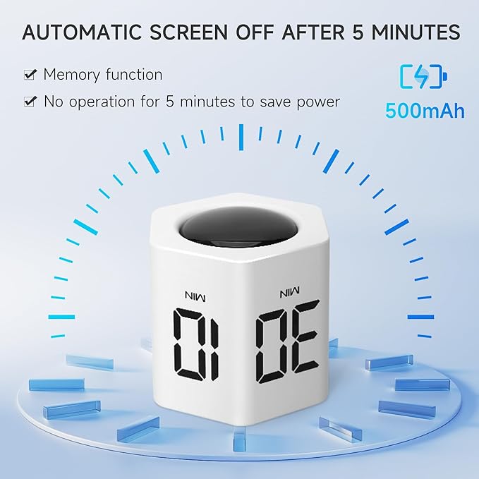 Productivity Timer 1, 5, 10, 30, 60 Minutes Preset, Desk Cube Timer with Gravity Sensor/Mute/Vibration for ADHD, Work, Study, Kitchen, Back to School (1, White)