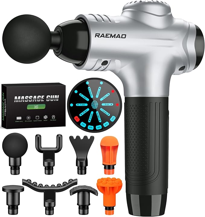 RAEMAO Massage Gun, Handheld Electric Deep Tissue Muscle Massager for Athletes for Pain Relief Attaching 8 Replacement Heads, Percussion Massager with 10 Speeds, Father's Day Gifts, Silver