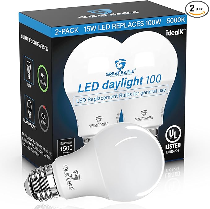 Great Eagle A19 LED Light Bulbs 100 Watt Equivalent - UL Listed - Daylight 5000K LED Light Bulbs, 15W Non-Dimmable, 1500 Lumens (2 Pack)