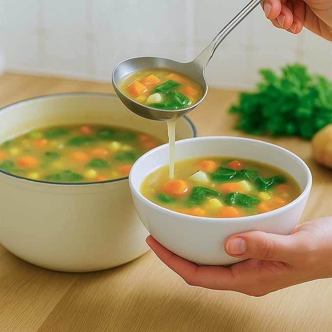 FJNATINH Soup Ladle, Stainless Steel Ladle with Heat Resistant Wooden Handle, Food Grade Metal Cooking Soup Spoon Kitchen Tools, Easy to Clean