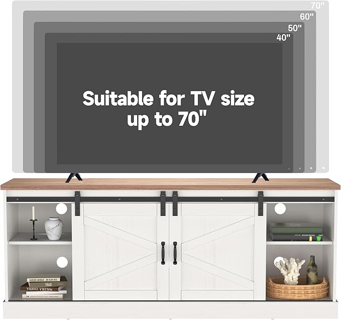 Kurapika Farmhouse TV Stand and Entertainment Center for TV Up to 75 Inch, with Adjustable Shelf and Sliding Barn Doors, Media Furniture with Storage Cabinet and Console Table, 67 Inch, White