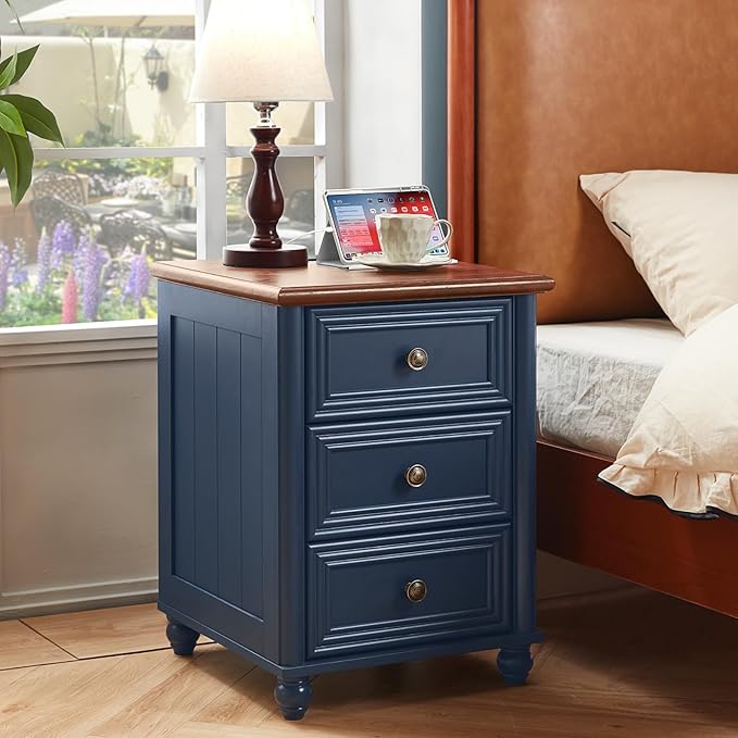 18" Farmhouse Nightstand with Charging Station and USB Port, Blue Night Stand with 3 Drawers, Wood Bedside End Table with Storage, Bed Side Tables for Bedroom Living Room and Closet