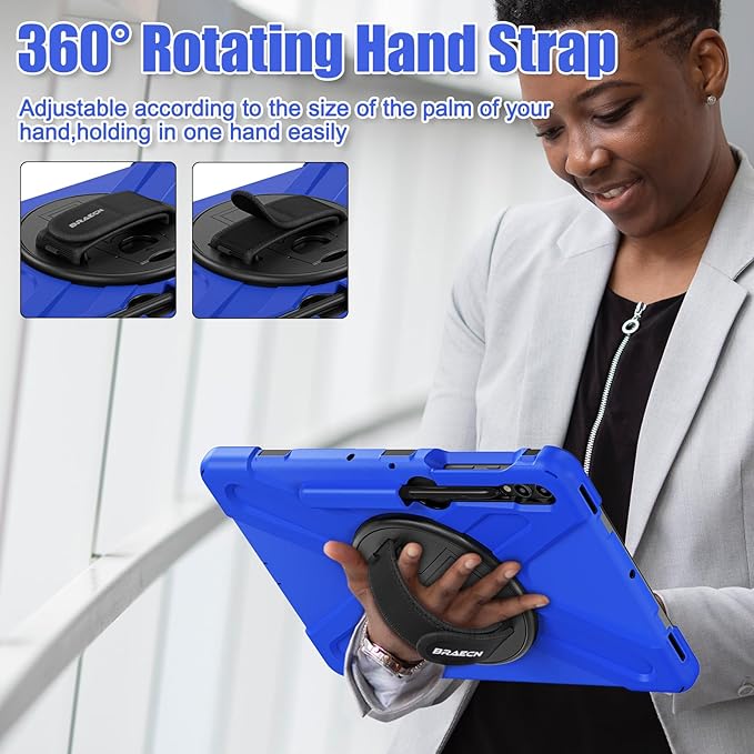 BRAECNstock Case for Samsung Galaxy Tab S10+ Plus/ S9 FE+ Plus/ S9+ Plus/ S8+ Plus/ S7 FE/ S7+ Plus 5G 12.4 inch Shockproof Protective Kids Cover with Pen Holder Rotating Hand Strap & Stand - Blue