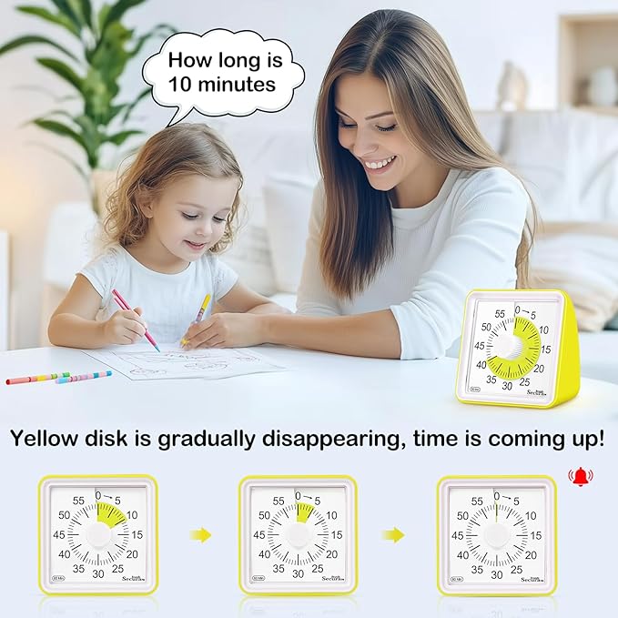 Secura 60 Minute Essential Visual Timer for Kids, Countdown Clock Timer for Special Education, Classroom, School, Desk, Home, Office, Silent Non-Ticking Time Management Tool (Yellow & Yellow)
