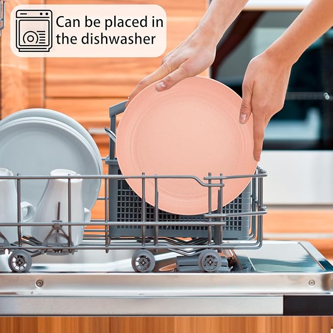 LIYH 48 Pcs Pink Wheat Straw Dinnerware Set, Plastic Plates and Bowls Dinnerware Set, Camping Dish Set for 12, Dishwasher Safe,Unbreakable Plates Reusable,Dish Sets Tableware