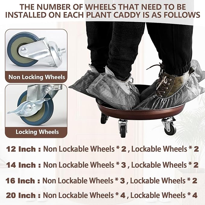 Heavy Duty Plant Caddy with Solid Rubber Wheels, Lockable, Increased Load Capacity, One-Minute Installation, Suitable for Indoor, Outdoor, Patio, Garden Settings, 14 Inches 2PACK, Brown