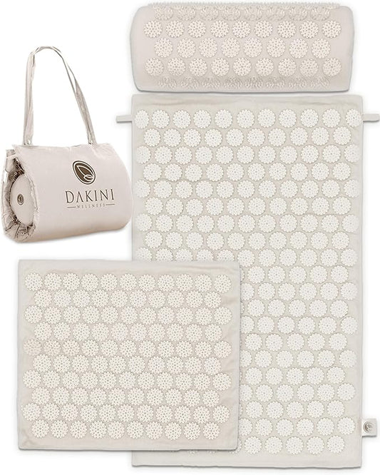 Acupressure Mat and Pillow Set with Extra Mini Accupressure Massage Mat - Acupuncture Mat Full Body - Accupoint Mat for Back Pain (Natural Cotton)